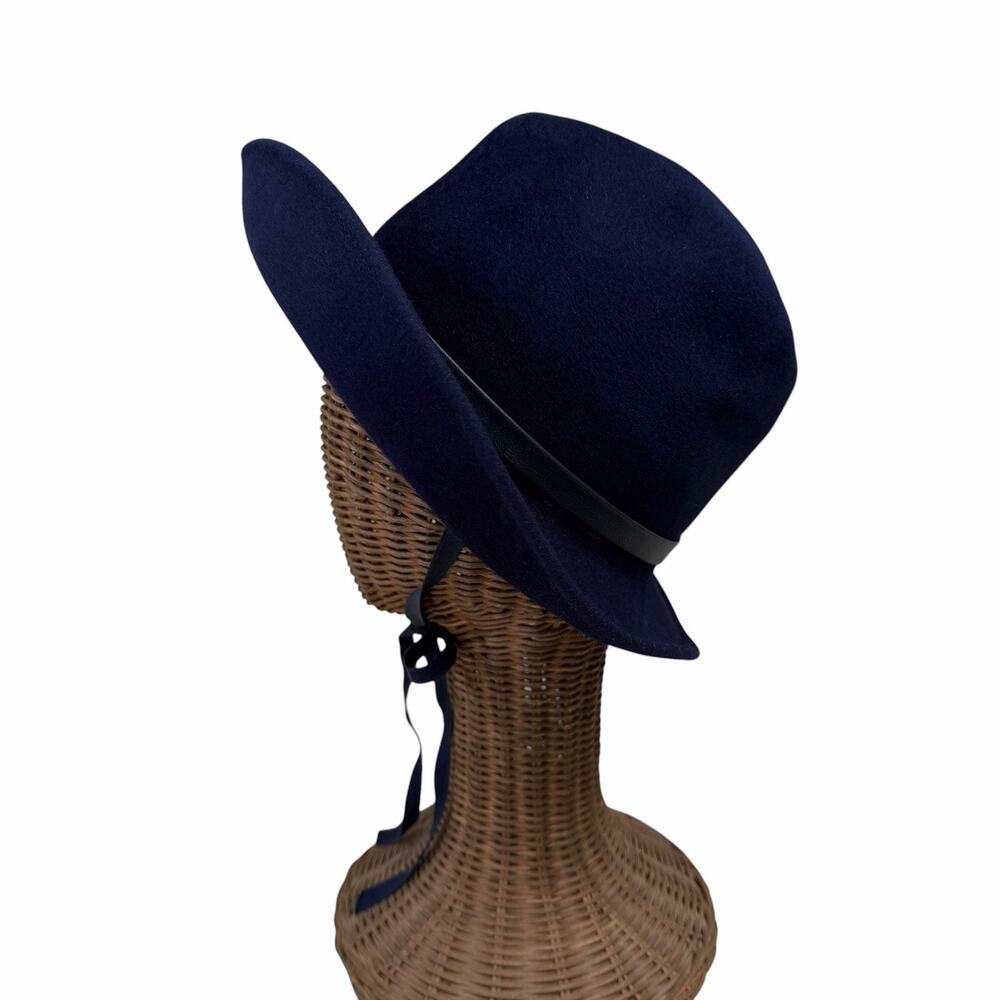 Vintage 1950’s Navy Felt Slouch Hat With Chin Ribbon Ties, Paris Boutique - Picture 6 of 9
